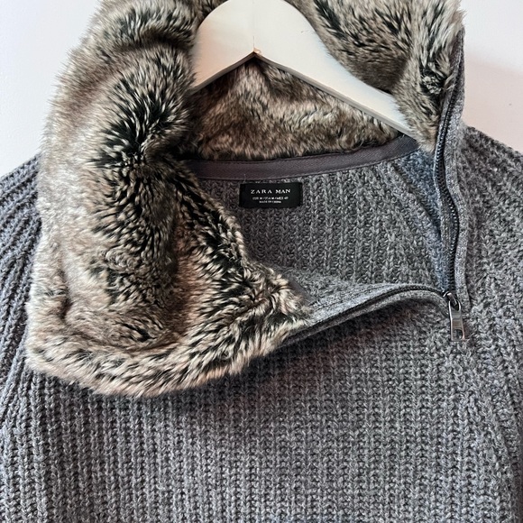 Zara Sweaters Mens Zara Sweater With Faux Fur Collar And Zipper On